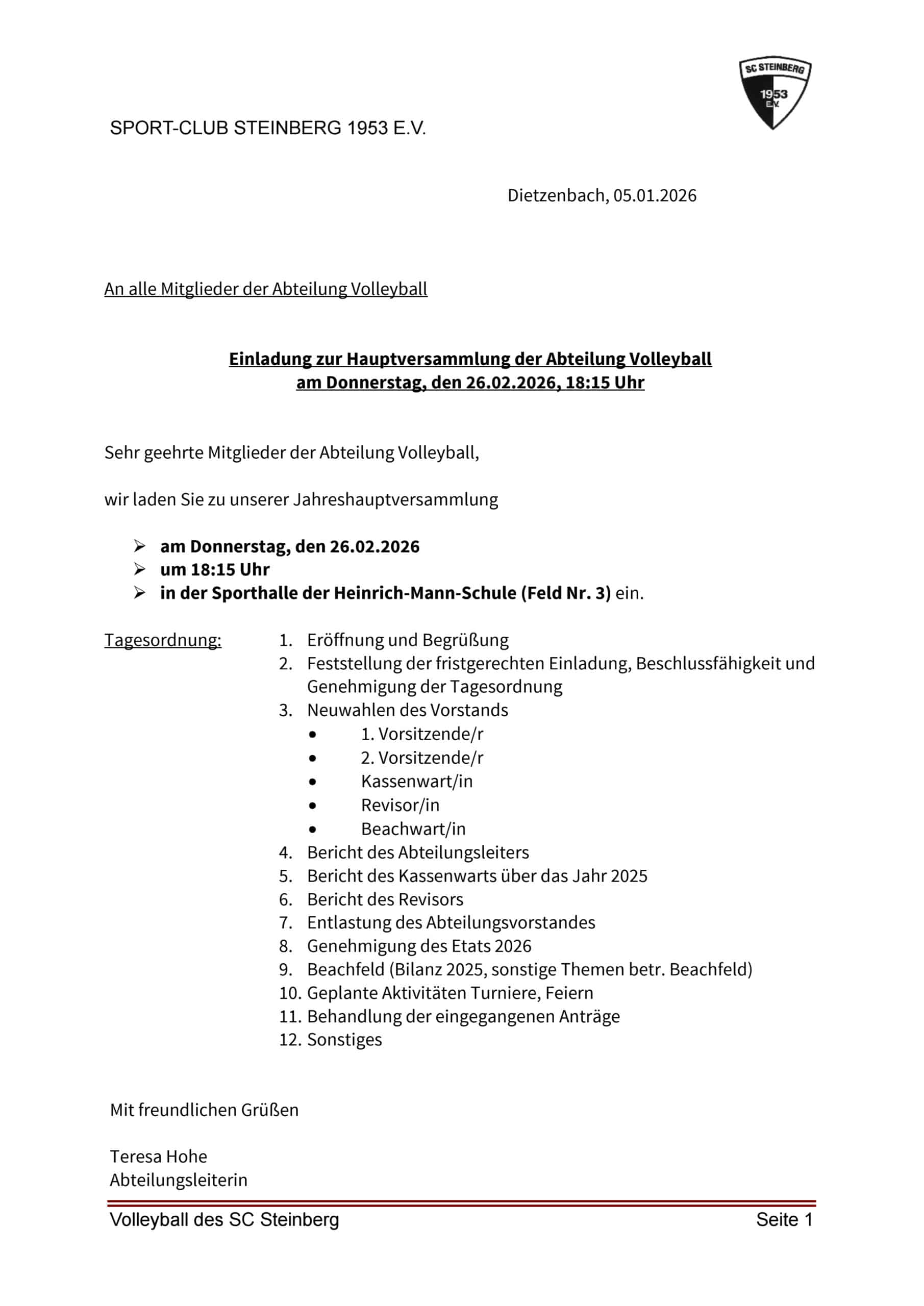 Einladung zur Jahreshauptversammlung Volleyball