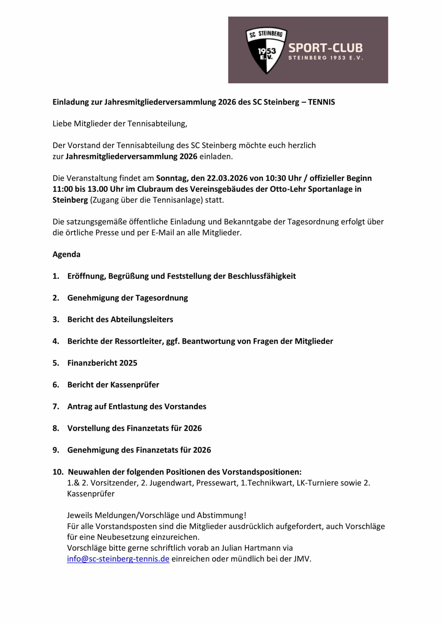 Einladung zur Jahresmitgliederversammlung 2026 des SC Steinberg – TENNIS