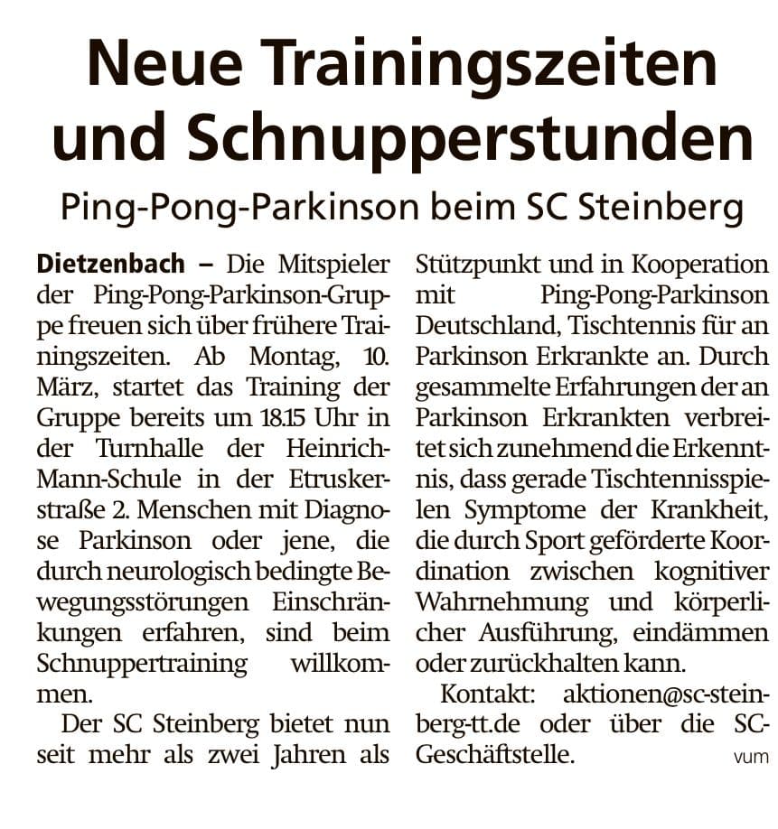 Neue Trainingszeiten & Schnupperstunden Ping-Pong-Parkinson beim SC Steinberg