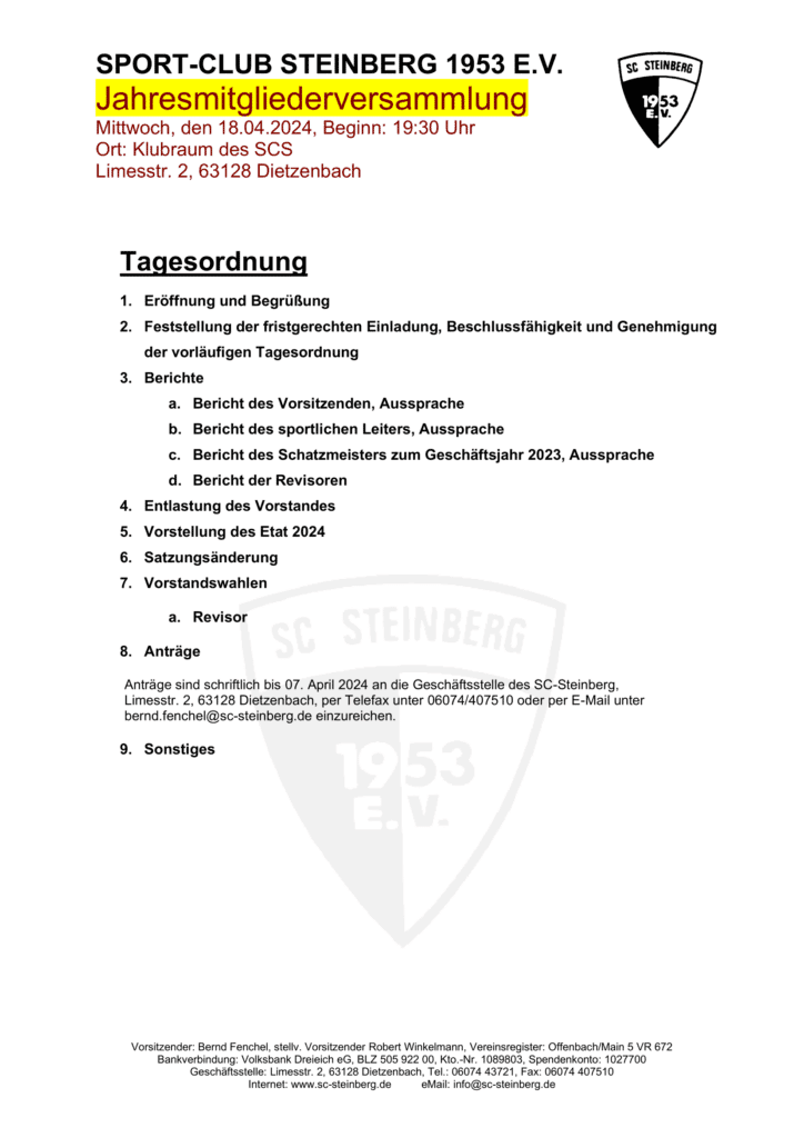 Einladung Jahresmitgliederversammlung 2024