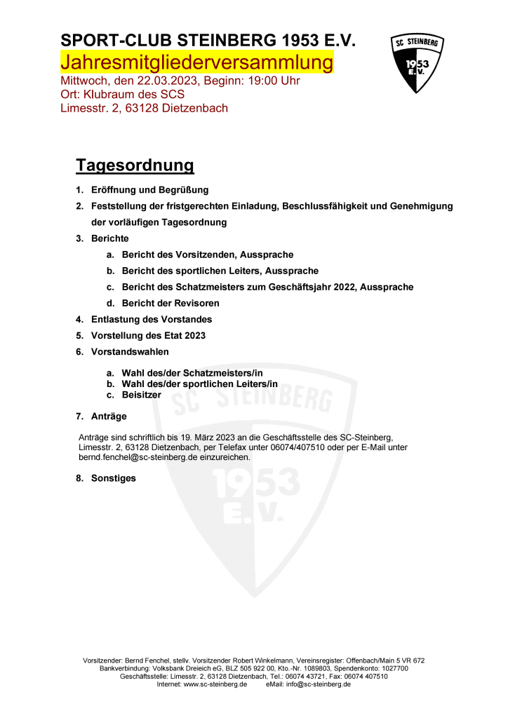 Einladung Jahresmitgliederversammlung