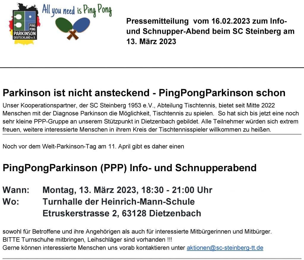 PingPongParkinson – Info & Schnupper Abend