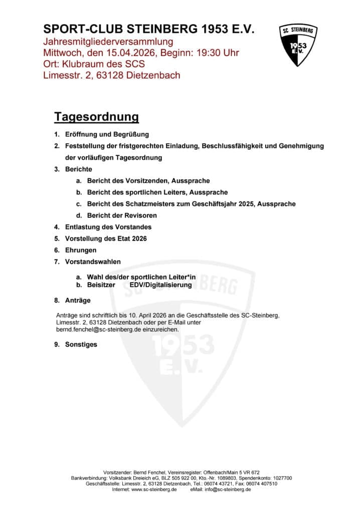 Jahresmitgliederversammlung 2026 Sport-Club Steinberg 1953 e.V