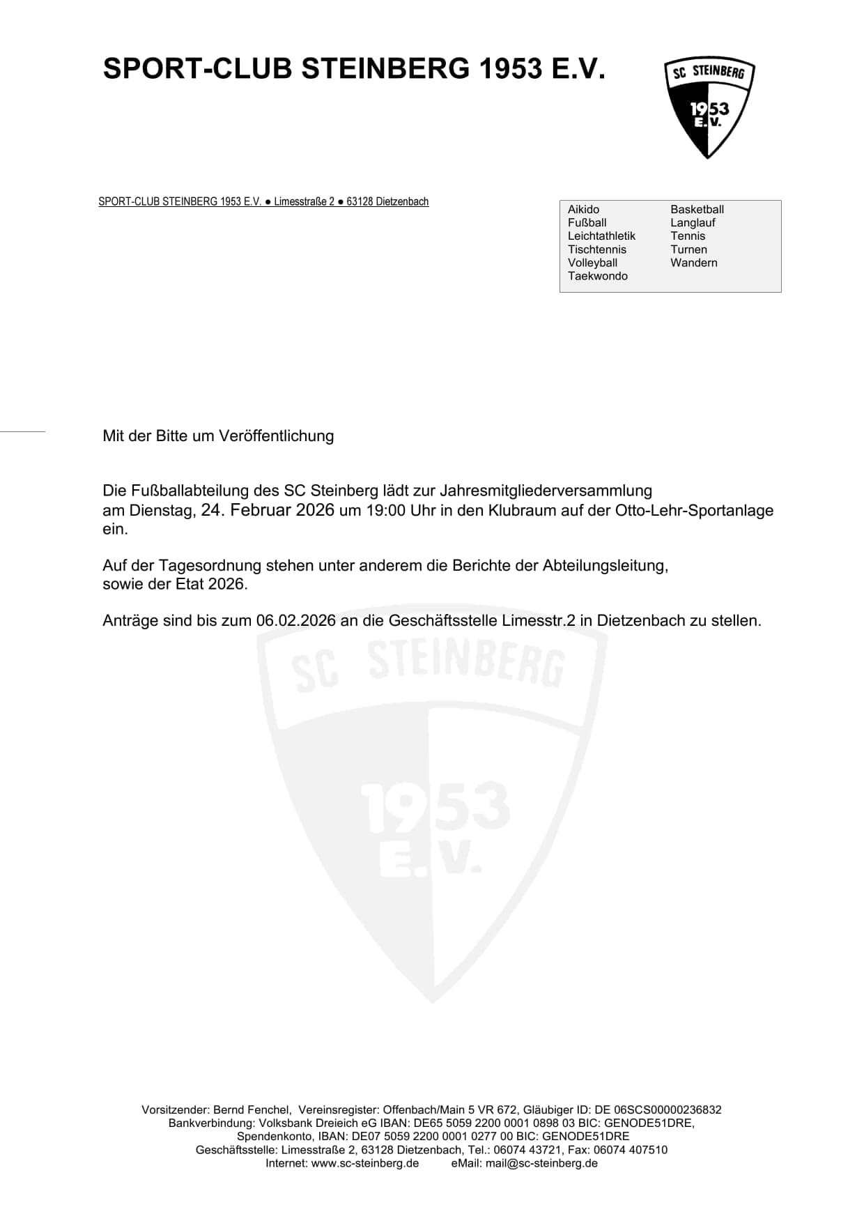 Einladung Jahresmitgliederversammlung Fußball